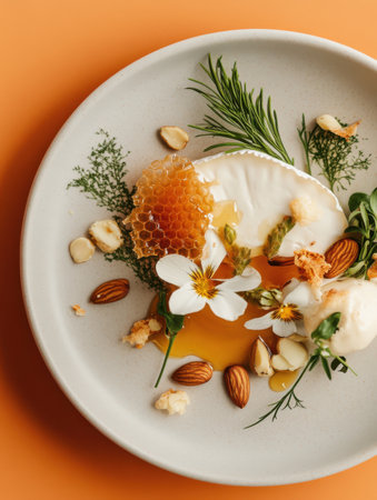 Savor the exquisite flavors of baked brie topped with rich honeycomb, surrounded by fresh herbs, nuts, and delicate flowers. This stunning dish invites a sensory delight for any occasionの素材