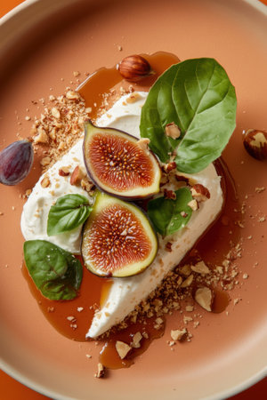 Caramelized figs elegantly rest atop a creamy cheese base, complemented by fresh basil and crunchy nuts, creating a delightful sweet dessert ideal for special occasionsの素材