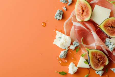 Delight in the beautiful arrangement of fresh figs, delicate prosciutto, and creamy cheeses resting on a bright orange surface, showing culinary artistry perfect for any gatheringの素材