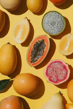 A colorful display of tropical fruits including mango, papaya, and dragon fruit arranged on a bright yellow surface, capturing the essence of a sunny, summery dayの素材