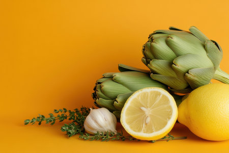 Vibrant ingredients showcase freshly steamed artichokes next to sliced lemons and garlic, enhanced by fragrant thyme, creating a beautiful culinary displayの素材