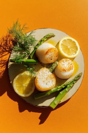 Delight in a culinary creation featuring seared scallops beautifully arranged with crispy asparagus and lemon slices. This artistic presentation shines against a bright orange backgroundの素材