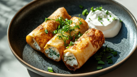 Savory blini are rolled and stuffed with creamy fillings, garnished with fresh herbs, and served with a dollop of sour cream, embodying the spirit of Mardi Gras celebrationsの素材