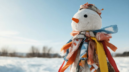 An effigy stands proudly, wrapped in colorful ribbons under a clear blue skyの素材