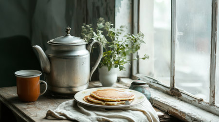 A charming wooden table holds a traditional Russian samovar next to a stack of pancakes, surrounded by fresh herbs, evoking the spirit of Maslenitsa and Fat Tuesday festivitiesの素材