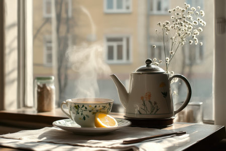 A cozy tea setting showcases a delicate floral teacup with a slice of lemon beside a classic teapot. The preparation for Maslenitsa fills the air with festive anticipation and warmthの素材