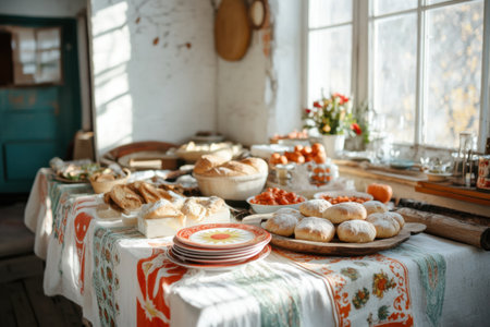Brightly colored foods adorn a warm, inviting table, celebrating Maslenitsa. Traditional dishes and pastries delight the feelings as preparations for winter festivities unfold in a cozy, rustic settingの素材
