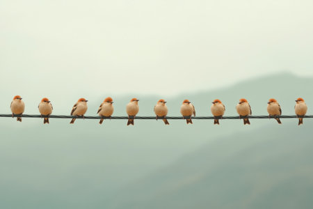 A charming flock of sparrows perches in perfect alignment on a wire, set against a misty background. Their migration journey highlights nature's beauty and harmonyの素材
