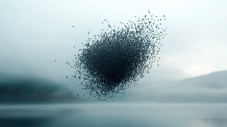 A stunning display unfolds as a flock of starlings forms intricate patterns in the twilight sky, reflecting their unity and grace during migrationの素材