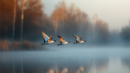 A group of cranes flies low across a tranquil lake, surrounded by a soft mist as the early morning light gently illuminates the scene. Their wings create ripples on the water's surfaceの素材