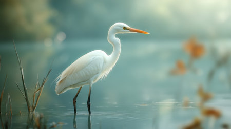 A graceful heron stands poised at the water's edge, its glossy feathers reflecting morning lightの素材
