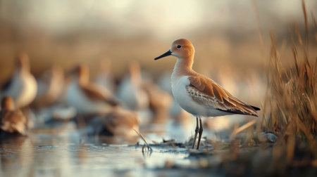 A diverse group of migratory birds congregates at dusk by a serene wetland, showcasing their beautiful plumage while preparing for their journey ahead. The soft glow of twilight enhances the sceneの素材