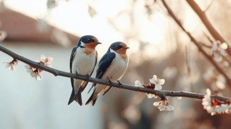 Two charming swallows sit closely on a slender branch, showing their vibrant plumage amidst blooming flowers, symbolizing the beauty of migration in springtimeの素材