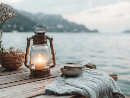 A small lantern emits a warm glow beside tranquil waters, surrounded by natural elements. This peaceful setting offers comfort and symbolizes support for Mental Health Awareness Monthの素材