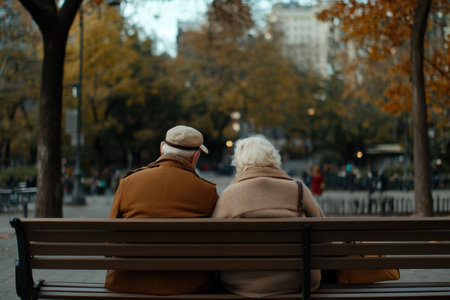 In a vibrant park filled with autumn colors, two elderly people sit closely together on a bench, enjoying a serene moment of companionship that reflects the importance of mental health awarenessの素材
