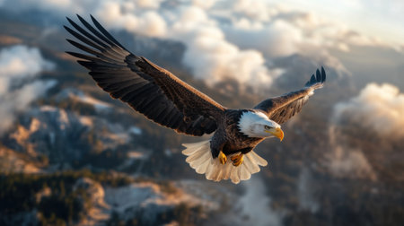 An eagle gracefully glides above a stunning landscape, embodying strength and resilience. The scene reflects the spirit of freedom celebrated during Black History Monthの素材
