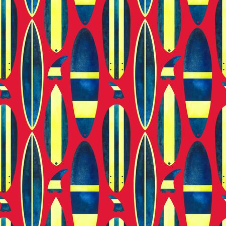 Surfboards and fins hand-drawn watercolor illustration. Colorful summer holidays seamless patternの写真素材