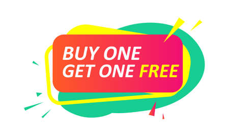 Vector illustration buy one get one free sticker, sign, label. Bright red green sale promotion banner.のイラスト素材