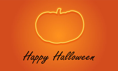 Neon pumpkin on orange background for halloweenの写真素材
