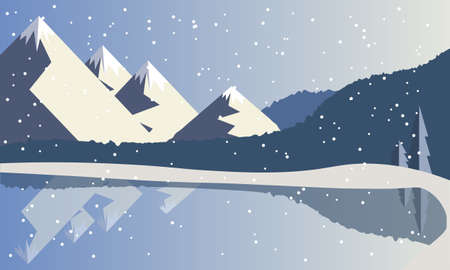Mountain forest winter landscape near a reservoir near a lake in blue. Vector illustration. Winter mountain background.のイラスト素材