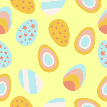 Easter eggs pattern. Colored eggs. a set of images of eggs for Easter. Bright striped eggs with stars in pink blue and yellow. Vector illustration. for textiles and printingのイラスト素材
