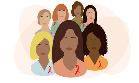 Women with red ribbons on their chests. Women together. Community of support for HIV-infected...