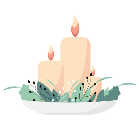 Burning candles on a stand with plant leaves. Home decor. Vector flat illustration.のイラスト素材