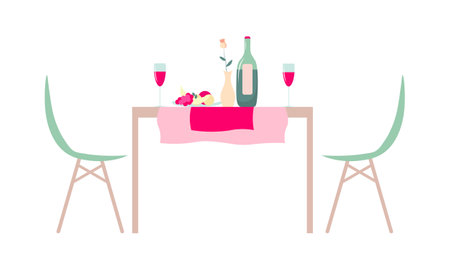 Valentine's day romantic dinner. On the table are glasses, a bottle of wine, a vase with a rose, a plate of fruit. A table and two chairs. Vector flat illustration.のイラスト素材