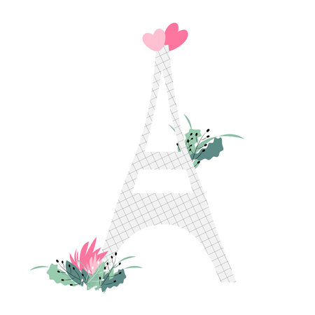Eiffel Tower in a notebook cell with flowers and hearts. Valentine's day element for cards, banners, flyers, stickers. Vector flat illustration.のイラスト素材