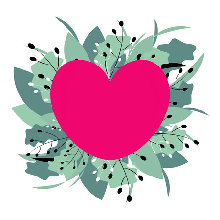 Pink heart with different green leaves on the background. Suitable for postcards, banners, advertisements, stickers. Vector illustration for valentine's dayのイラスト素材