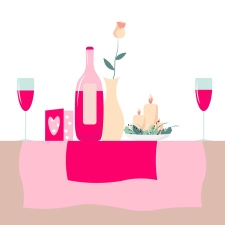 Laid table for a romantic evening: glasses, a bottle of wine, a vase with a rose, candles, tablecloth. Pink valentine's day elements. Vector illustration.のイラスト素材