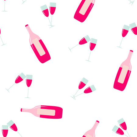 Seamless pattern with a bottle and glasses of wine in pink on a white background. For kitchen textiles, packaging, postcards, designs. Valentine's day element. Vectorのイラスト素材