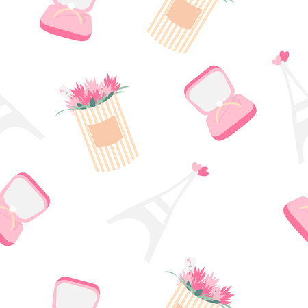 Seamless pattern on romantic theme: ring in box, bouquet of flowers, eiffel tower on white background. Valentine's day elements for textiles, packaging, postcards, prints, clothing. Vectorのイラスト素材