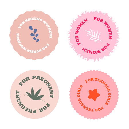 set of labels, emblems for products for nursing mothers, pregnant women, women, girls. Healthy lifestyle, caring for women-vector illustration.のイラスト素材