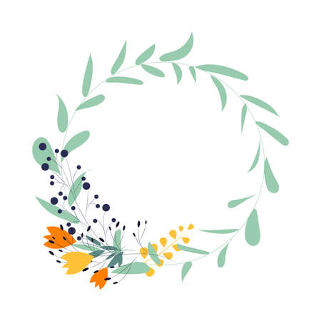 romantic flower wreath frame as element for design of invitations, cards, posters. Botanical floral cute vector designのイラスト素材