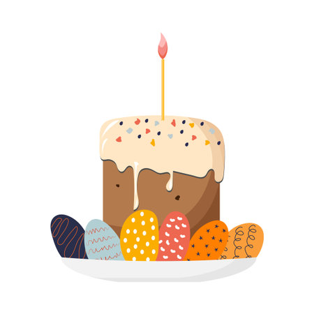 Easter cake with a candle and painted colorful eggs on a plate. Christian holiday. Vector illustration of clipart for greeting cards, stickers, design.のイラスト素材