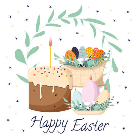Happy Easter vector illustration clip art. Easter cake with a candle, colored painted eggs in a basket and candles in a candlestick. Suitable for postcards, posters, design element.のイラスト素材