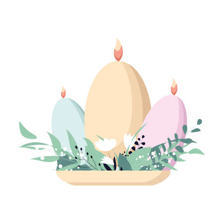 Burning candles in a shape of eggs on a stand with plant leaves and white flowers. Home decor. Vector flat illustration.のイラスト素材