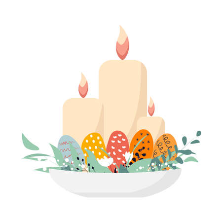 Burning candles on a stand with plant leaves, white flowers and colored eggs. Home easter decor. Vector flat illustration.のイラスト素材