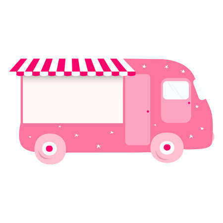 pink van with a striped awning for selling flowers, food or sweets. Nice vehicle. Vector illustrationのイラスト素材