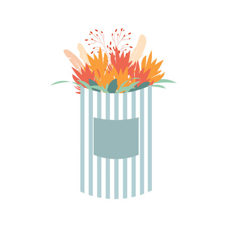 Red and orange flowers in a round striped box. Element for valentine's day, romantic holiday, international women's day. Vector flat illustration of lush modern bouquet.のイラスト素材