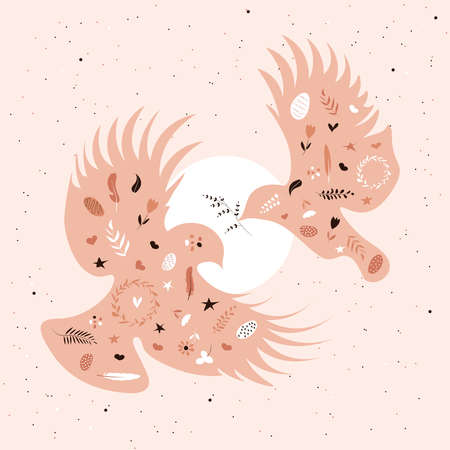 The birds are coming back. The bird holds a branch in its beak. Spring vector illustration in pastel colorsのイラスト素材