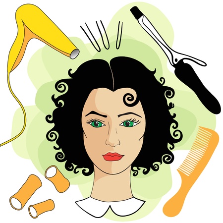 Girl in a hair salon with hair toolsのイラスト素材