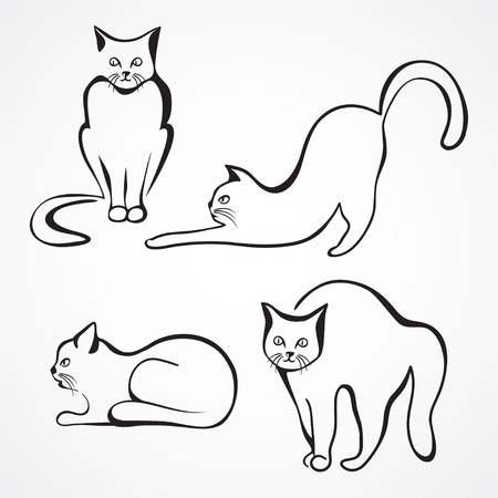 Collection of various cat silhouettes. Sitting cat, lying cat, stretching cat and one cat with round backのイラスト素材