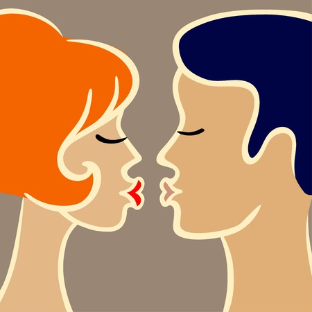 Romantic cartoon image of kissing couple. Vector illustrationのイラスト素材