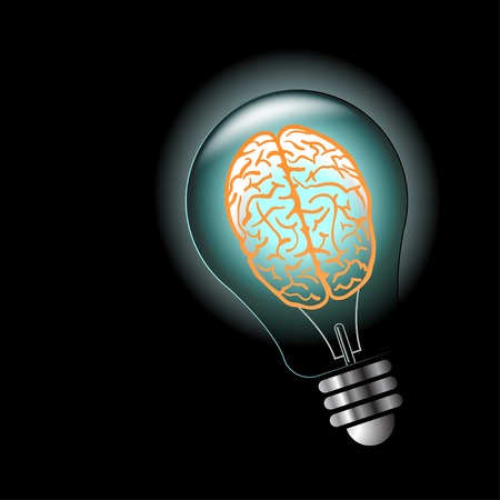 Luminous idea light bulb with brain inside. Vector illustrationのイラスト素材