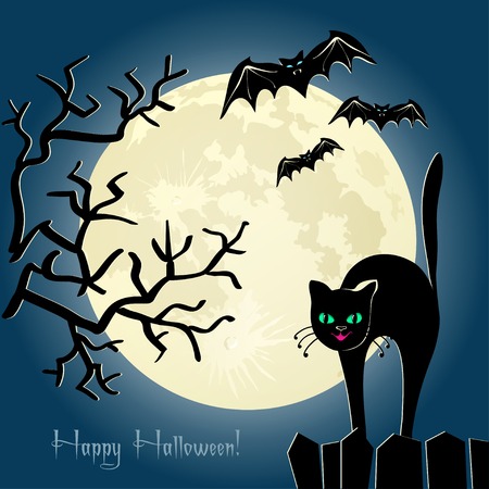 Black cat on a fence in front of the moonのイラスト素材