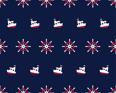 Sea and nautical seamless pattern with ship and steering wheelのイラスト素材