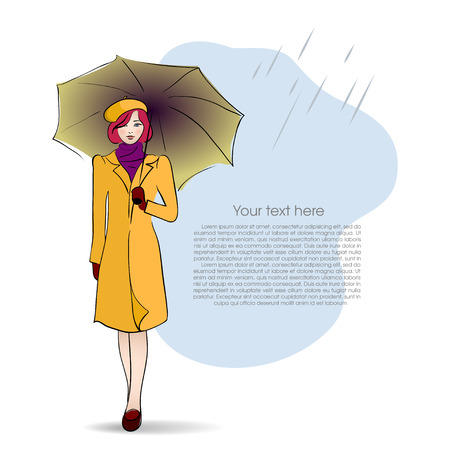 Lady with umbrella on autumn background. Vector illustrationのイラスト素材
