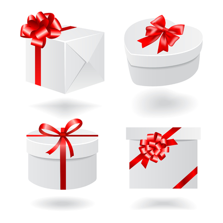 Gift boxes with red ribbons isolated on white background. Vector setのイラスト素材